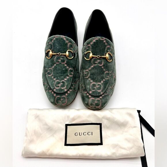 Gucci Jordaan GG Monogram Velvet Loafers Horsebit Flats Green & Pink EU 37 US 7 - Picture 2 of 11